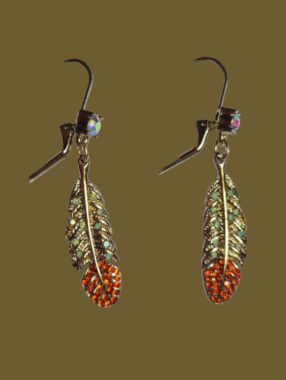 🪶🍁 Betsey Feather Earrings Sparkling Orange & A-B Crystals - NWOT